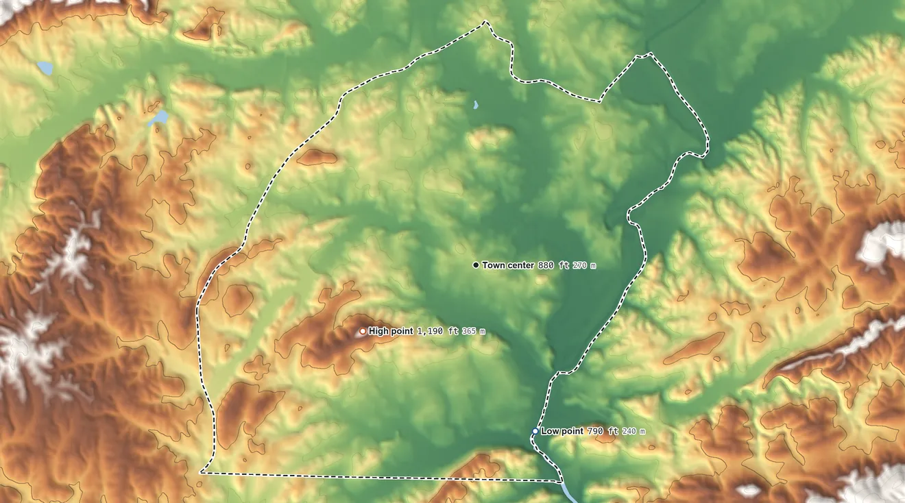 Topographic elevation map of Hollis Crossroads, Alabama, shaded from 790 ft on the south side to 1,190 ft on the southwest side