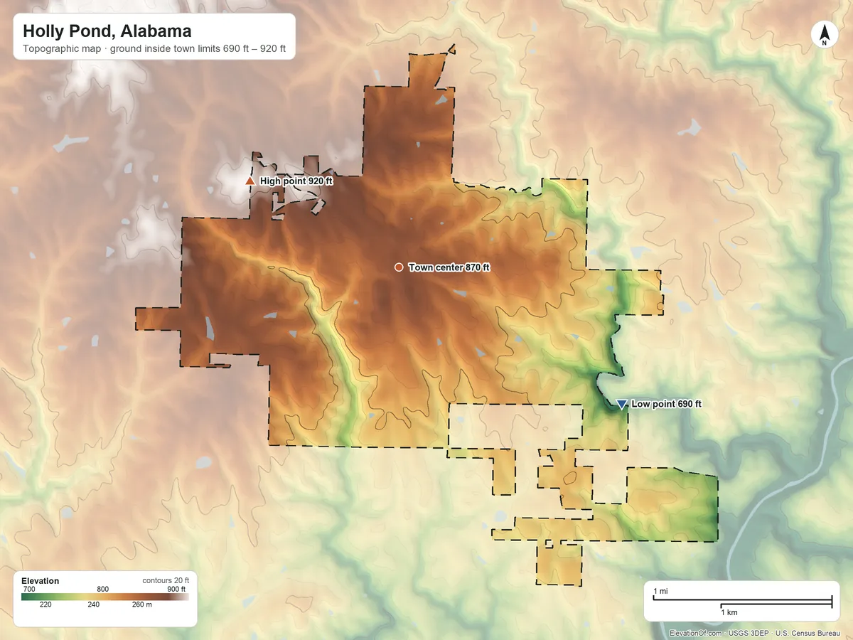 Topographic elevation map of Holly Pond, Alabama, shaded from 690 ft on the southeast side to 920 ft on the northwest side