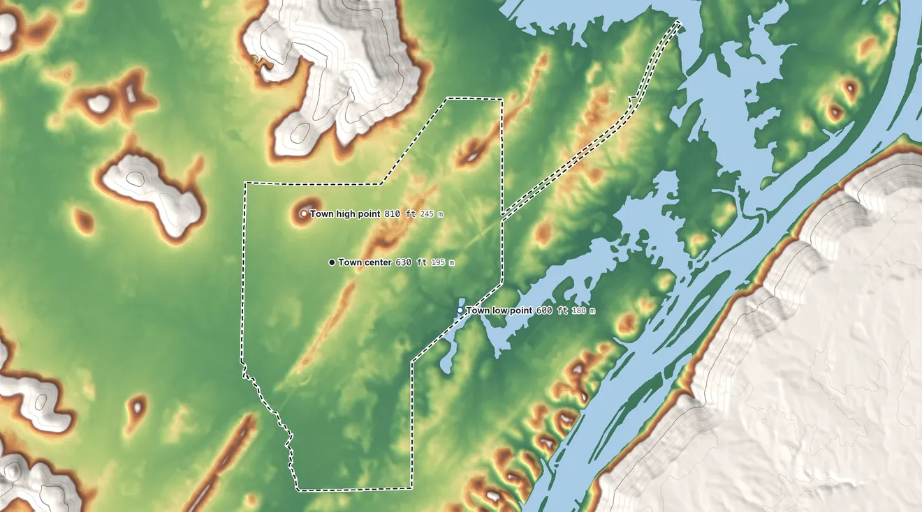 Topographic elevation map of Hollywood, Alabama, shaded from 600 ft on the east side to 810 ft on the northwest edge, below higher ground just outside