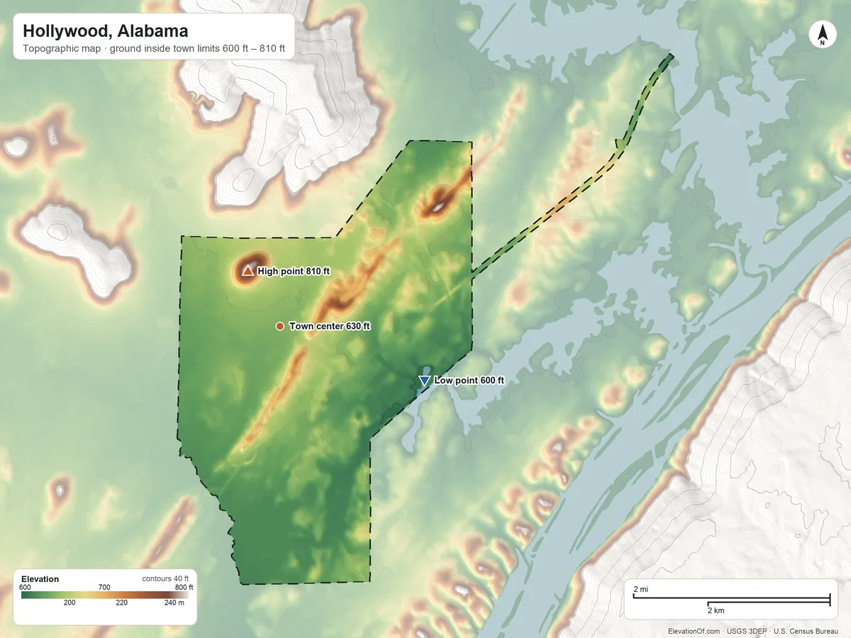 Topographic elevation map of Hollywood, Alabama, shaded from 600 ft on the east side to 810 ft on the northwest edge, below higher ground just outside
