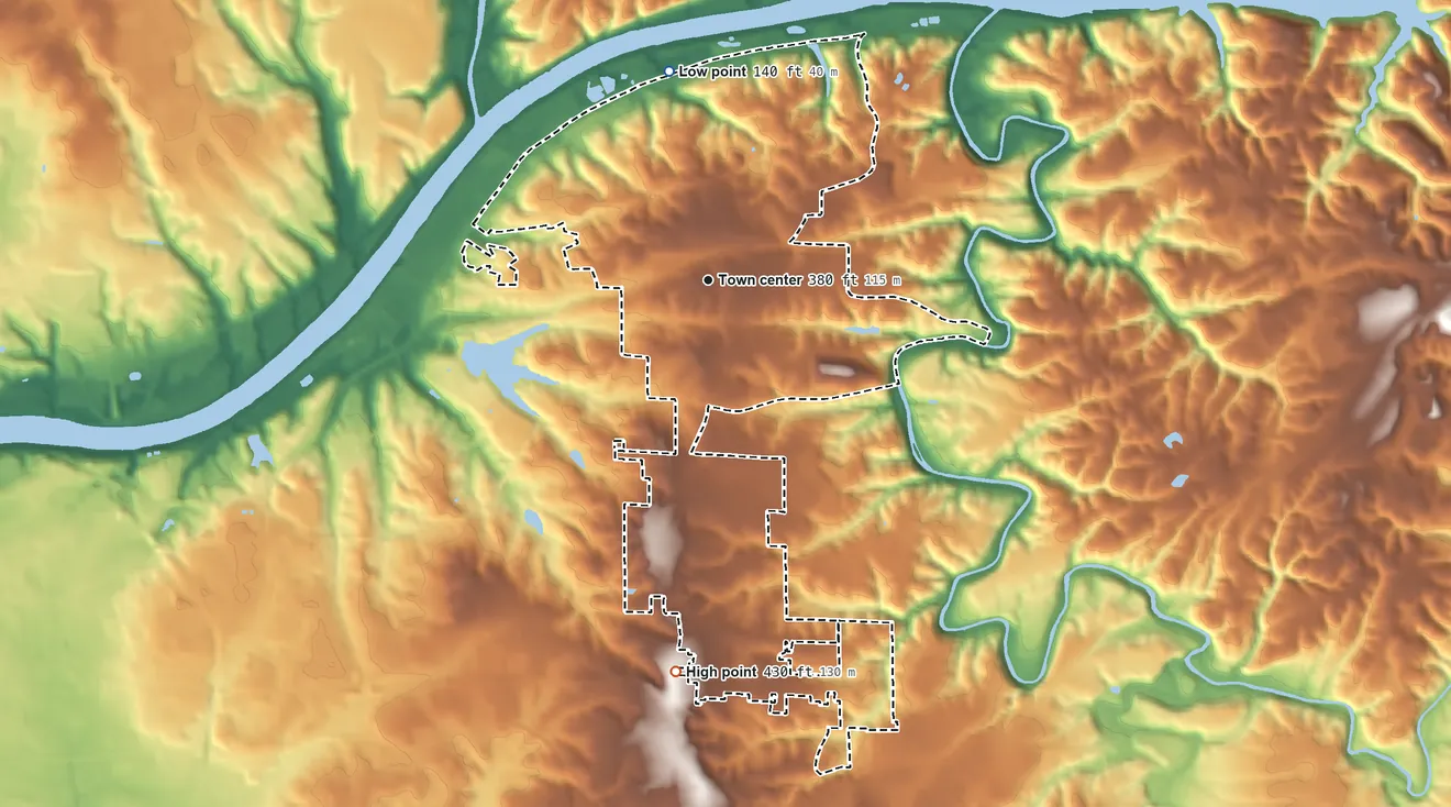 Topographic elevation map of Holt, Alabama, shaded from 140 ft on the north side to 430 ft on the south side