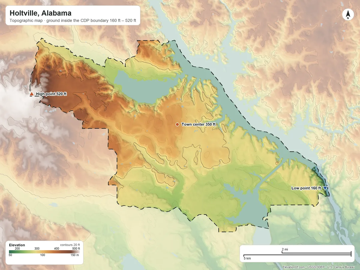Topographic elevation map of Holtville, Alabama, shaded from 160 ft on the southeast side to 520 ft on the west side