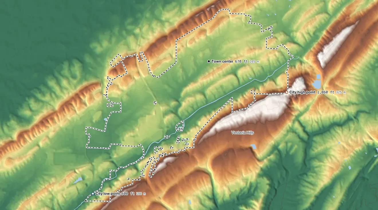 Topographic elevation map of Homewood, Alabama, shaded from 600 ft on the southwest side to 1,060 ft on the east side