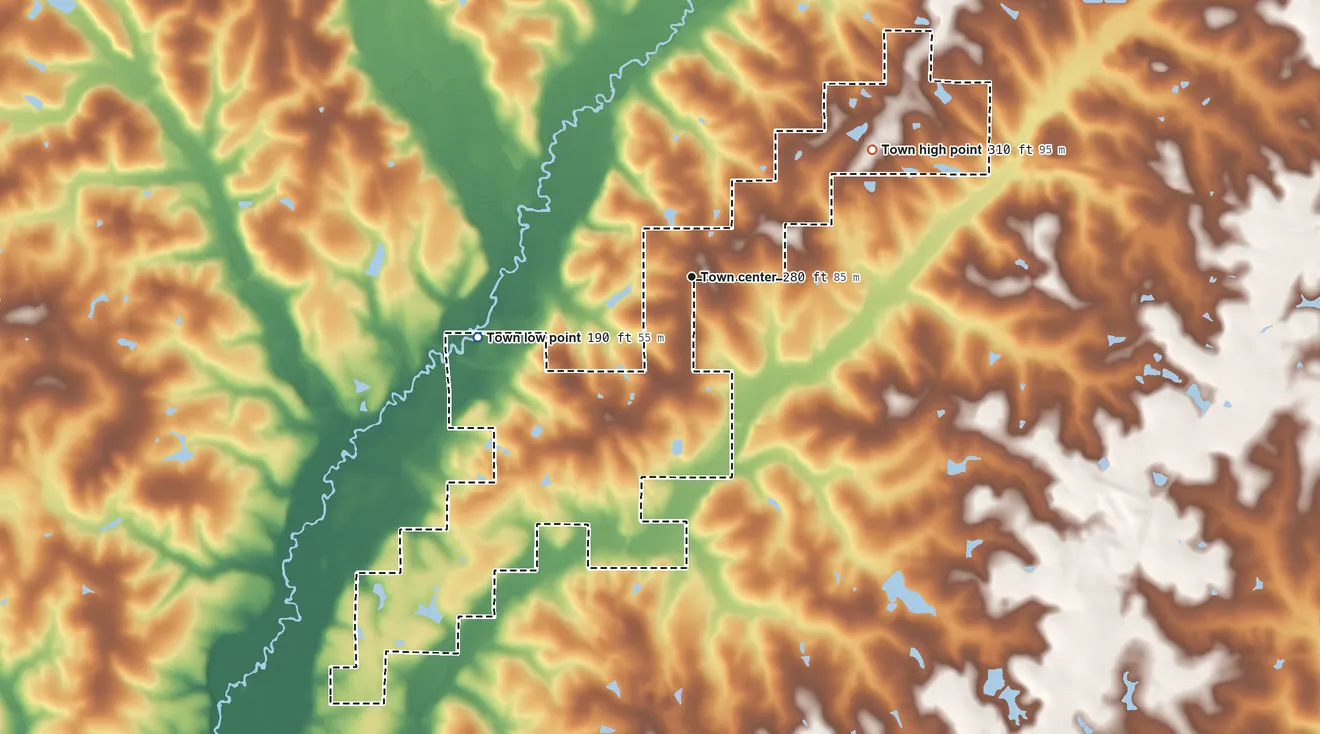 Topographic elevation map of Horn Hill, Alabama, shaded from 190 ft on the west side to 310 ft on the northeast side