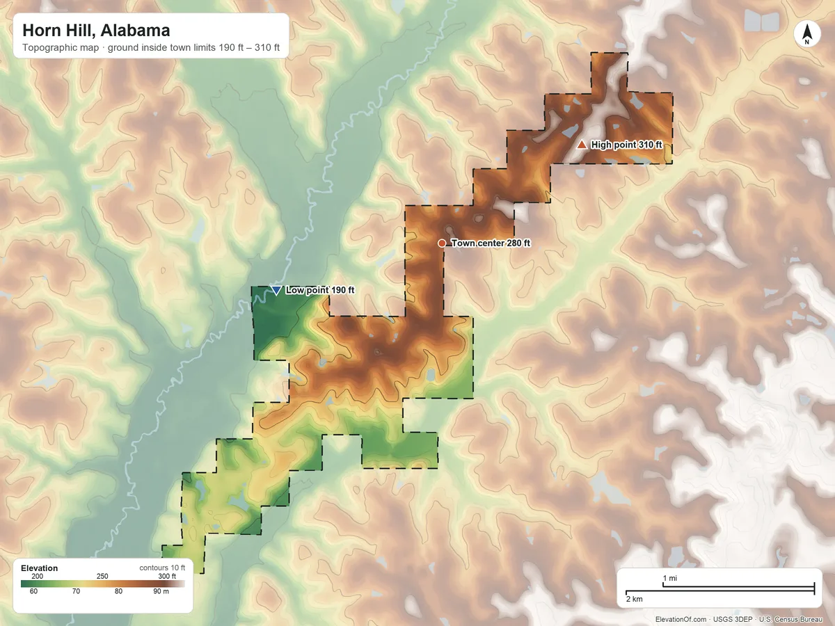 Topographic elevation map of Horn Hill, Alabama, shaded from 190 ft on the west side to 310 ft on the northeast side