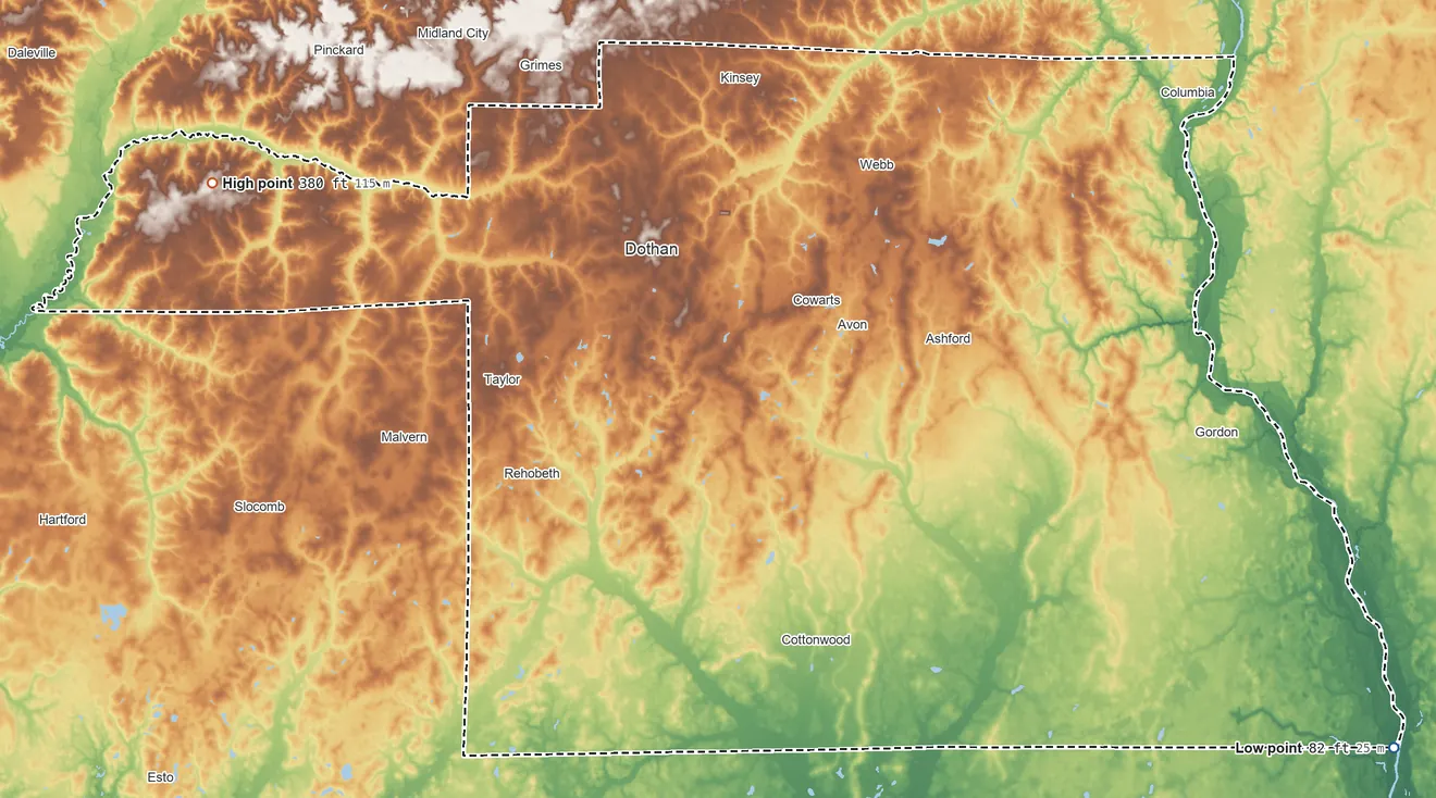 Topographic elevation map of Houston County, Alabama, shaded from 82 ft on the southeast side to 380 ft on the northwest side