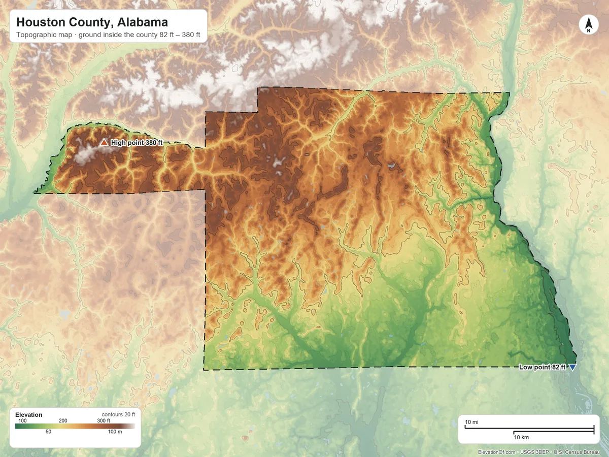 Topographic elevation map of Houston County, Alabama, shaded from 82 ft on the southeast side to 380 ft on the northwest side