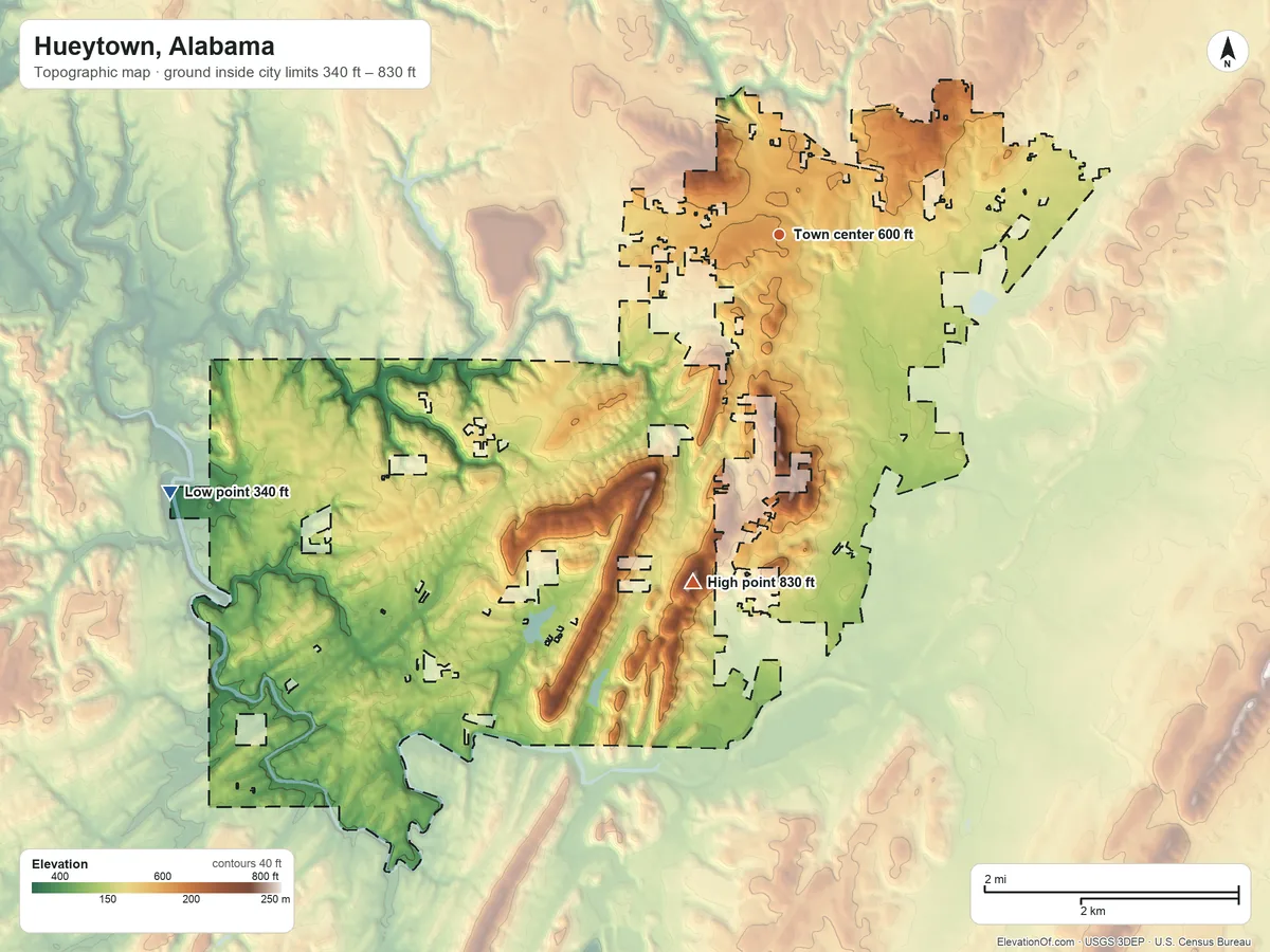 Topographic elevation map of Hueytown, Alabama, shaded from 340 ft on the southwest side to 830 ft on the south side