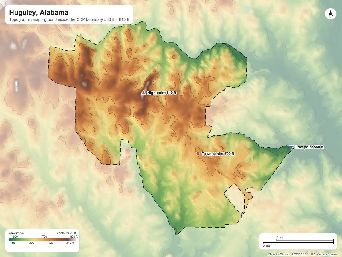 Topographic elevation map of Huguley, Alabama, shaded from 580 ft on the east side to 810 ft on the northwest side
