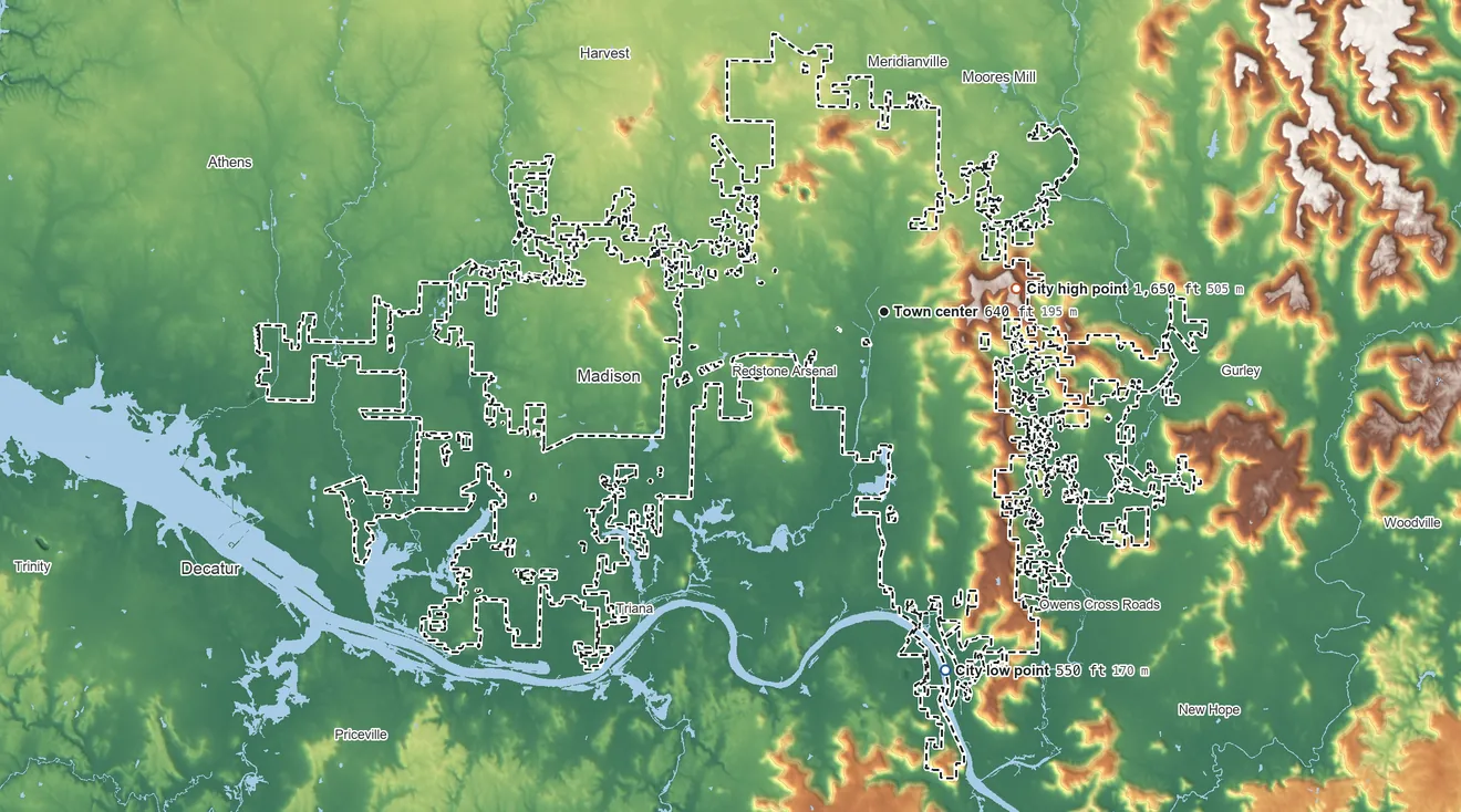 Topographic elevation map of Huntsville, Alabama, shaded from 550 ft on the south side to 1,650 ft on Monte Sano Mountain