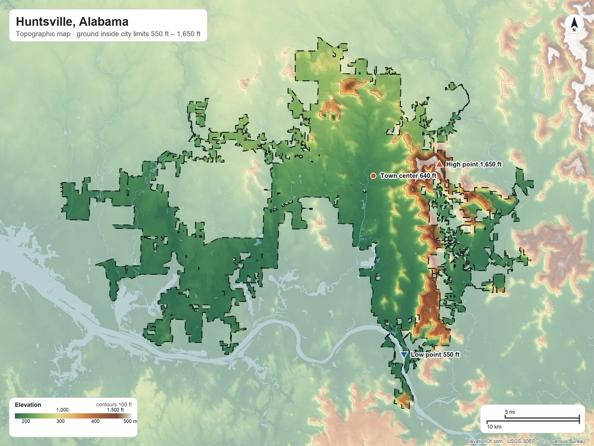 Topographic elevation map of Huntsville, Alabama, shaded from 550 ft on the south side to 1,650 ft on Monte Sano Mountain