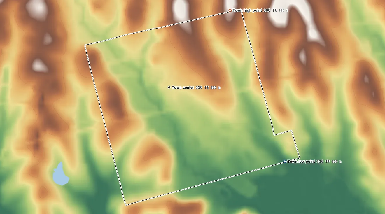 Topographic elevation map of Hurtsboro, Alabama, shaded from 330 ft on the southeast side to 380 ft on the northeast side