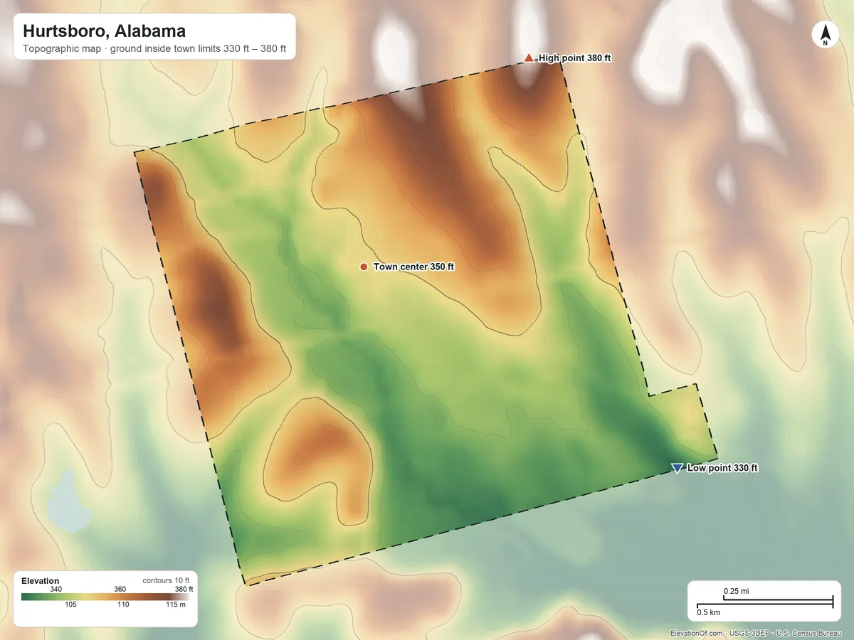 Topographic elevation map of Hurtsboro, Alabama, shaded from 330 ft on the southeast side to 380 ft on the northeast side