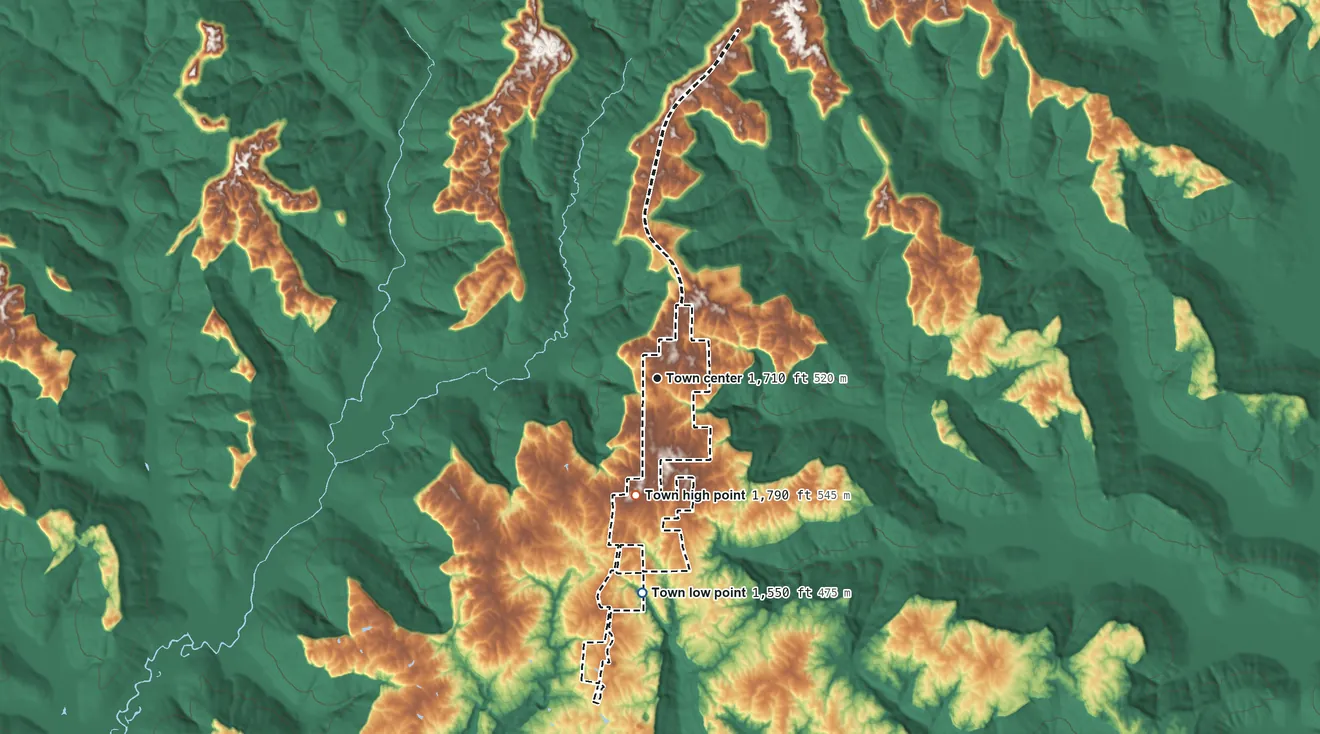 Topographic elevation map of Hytop, Alabama, shaded from 1,550 ft on the south side to 1,790 ft on the south side