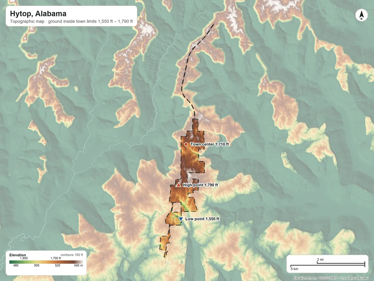 Topographic elevation map of Hytop, Alabama, shaded from 1,550 ft on the south side to 1,790 ft on the south side