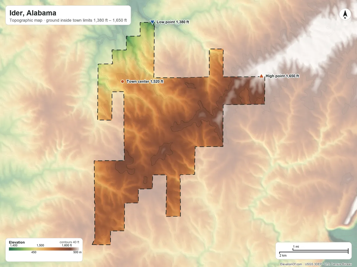 Topographic elevation map of Ider, Alabama, shaded from 1,380 ft on the northeast side to 1,650 ft on the east side
