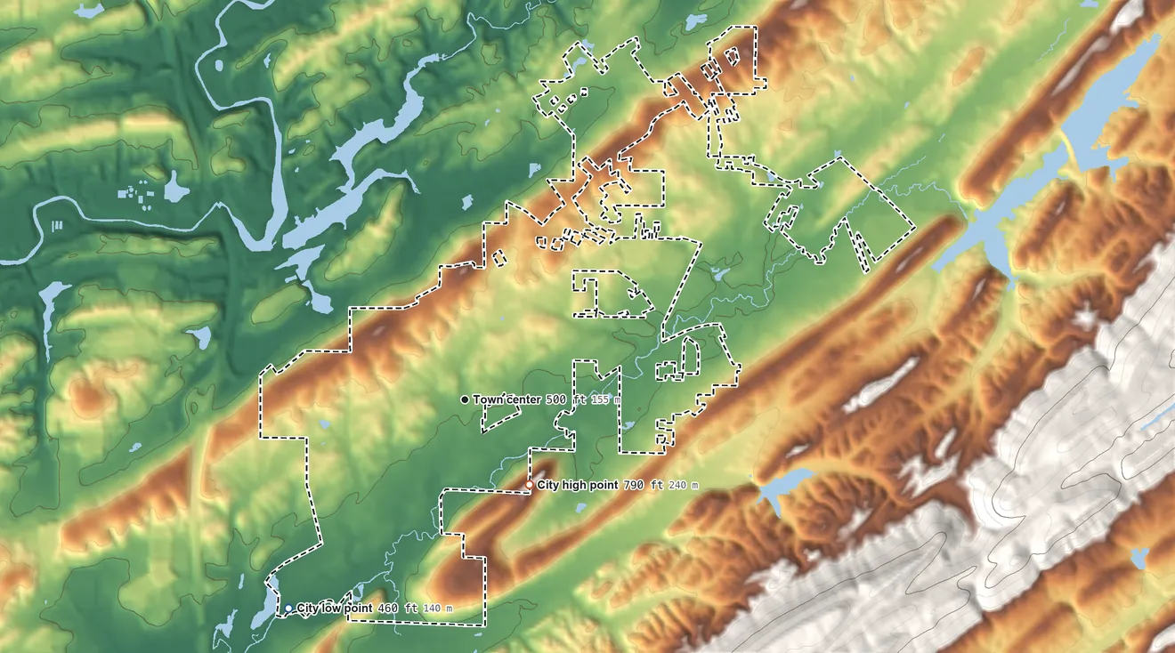 Topographic elevation map of Indian Springs Village, Alabama, shaded from 460 ft on the southwest side to 790 ft on the southeast edge, below higher ground just outside