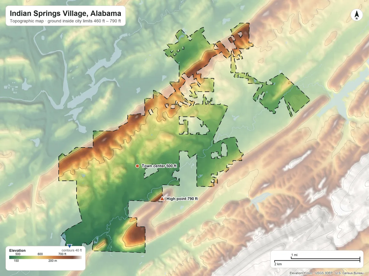 Topographic elevation map of Indian Springs Village, Alabama, shaded from 460 ft on the southwest side to 790 ft on the southeast edge, below higher ground just outside