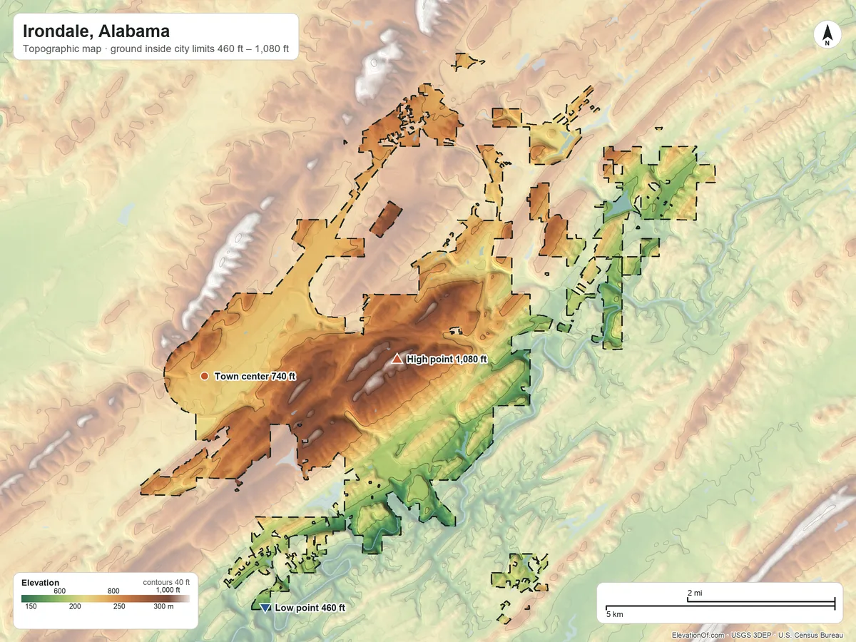 Topographic elevation map of Irondale, Alabama, shaded from 460 ft on the south side to 1,080 ft on the east side