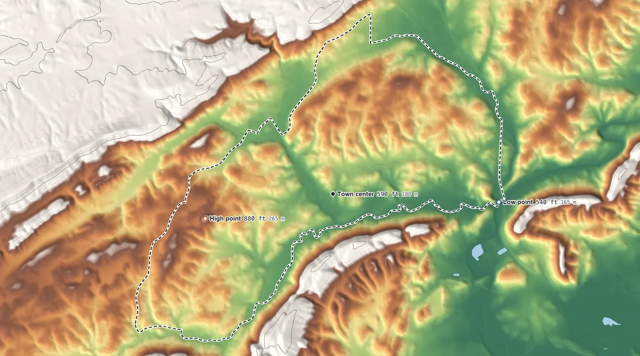 Topographic elevation map of Ivalee, Alabama, shaded from 540 ft on the east side to 880 ft at the foot of the Beaver Creek Mountains