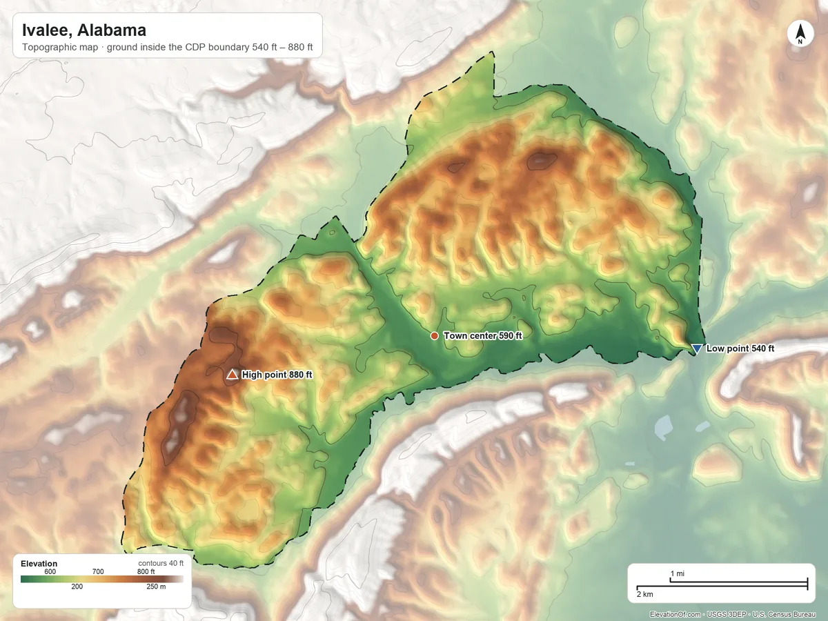 Topographic elevation map of Ivalee, Alabama, shaded from 540 ft on the east side to 880 ft at the foot of the Beaver Creek Mountains