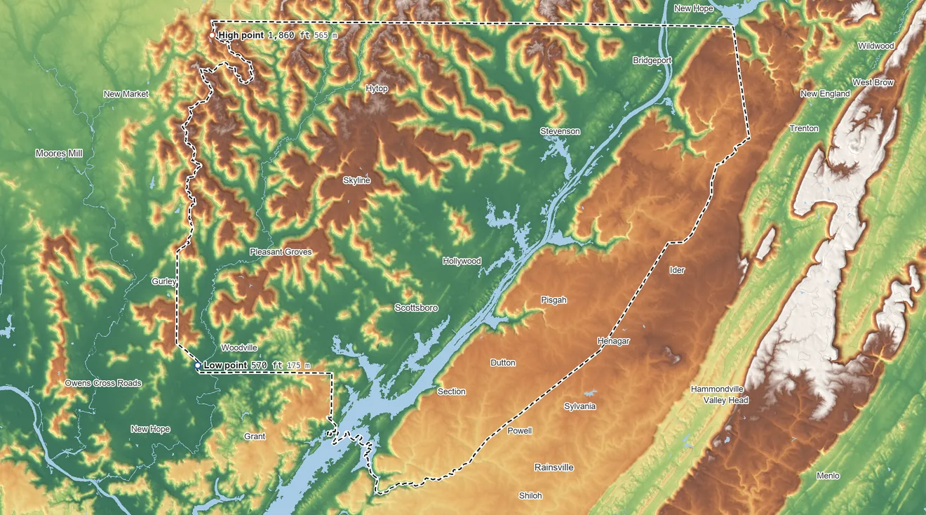 Topographic elevation map of Jackson County, Alabama, shaded from 570 ft on the west side to 1,860 ft on Johnson Top