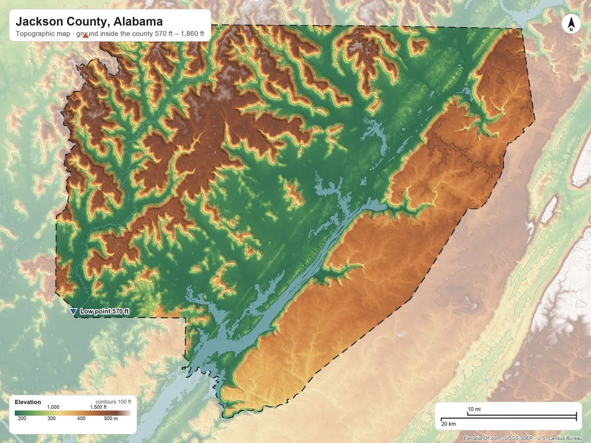 Topographic elevation map of Jackson County, Alabama, shaded from 570 ft on the west side to 1,860 ft on Johnson Top
