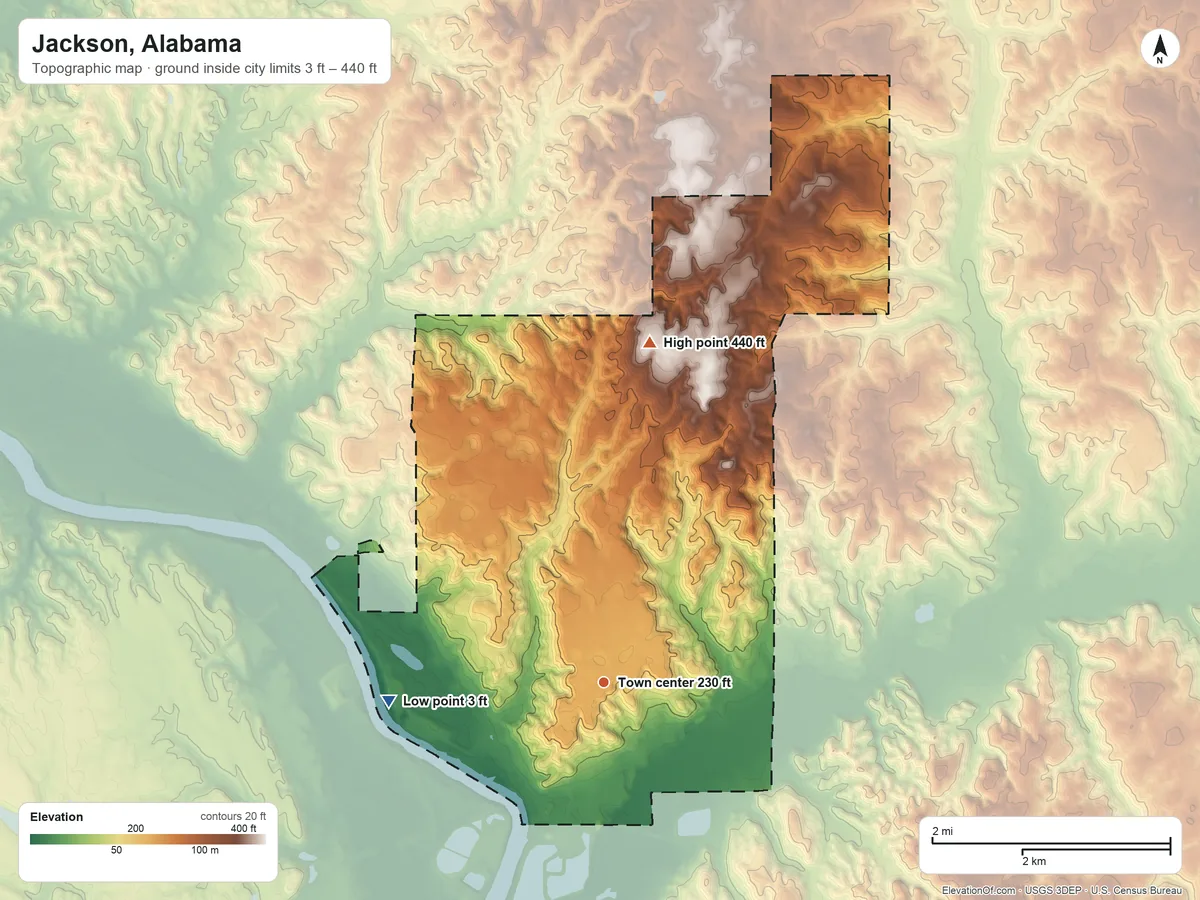 Topographic elevation map of Jackson, Alabama, shaded from 3 ft on the west side to 440 ft on the north side