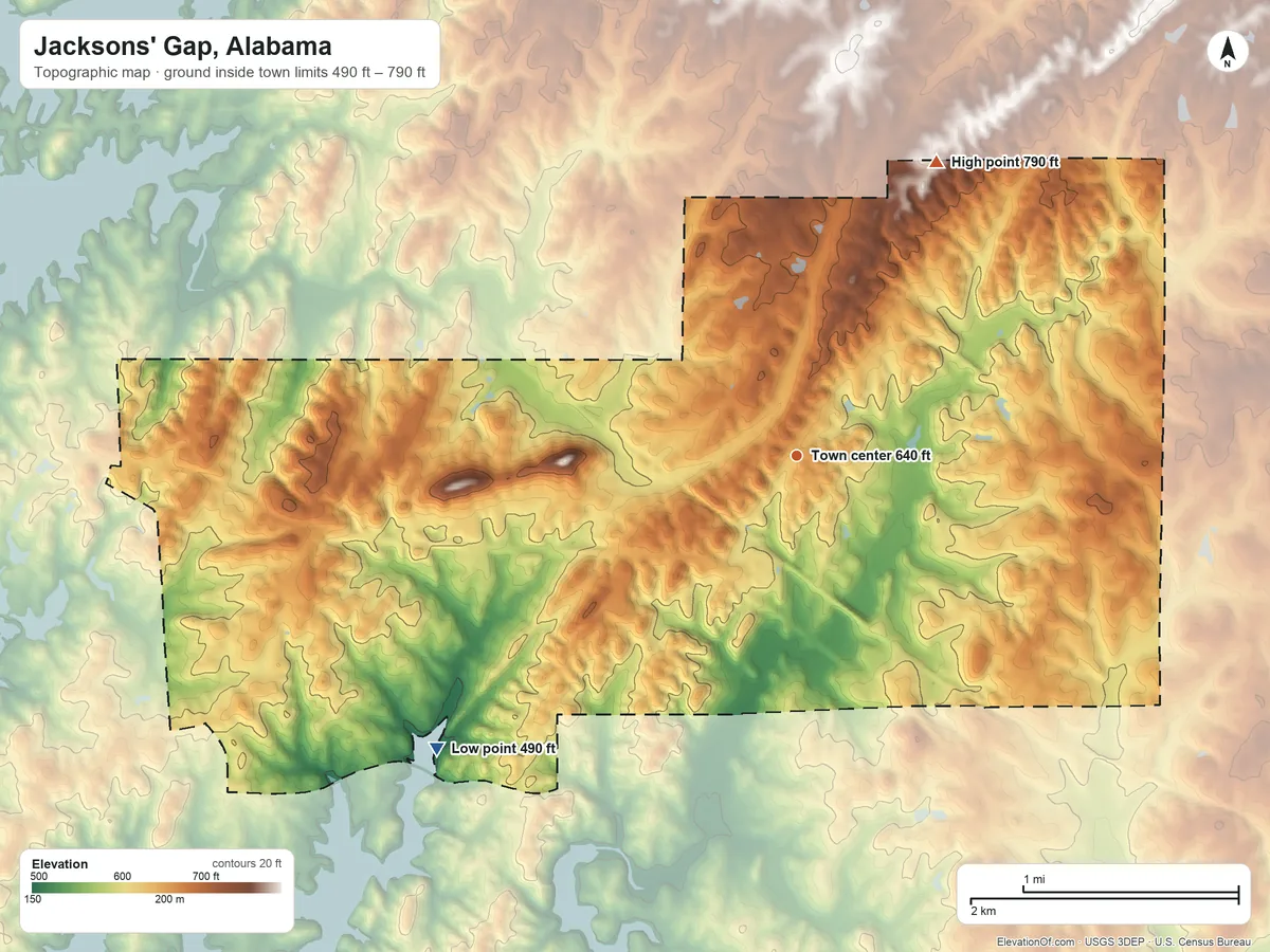 Topographic elevation map of Jacksons' Gap, Alabama, shaded from 490 ft on the southwest side to 790 ft on the northeast side