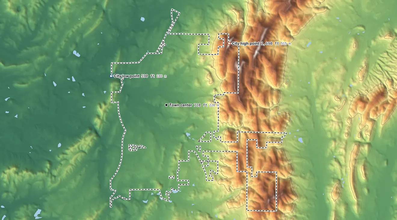 Topographic elevation map of Jacksonville, Alabama, shaded from 590 ft on the northwest side to 1,690 ft on Chimney Peak