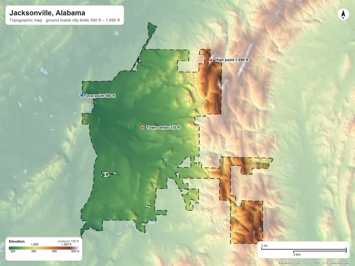 Topographic elevation map of Jacksonville, Alabama, shaded from 590 ft on the northwest side to 1,690 ft on Chimney Peak