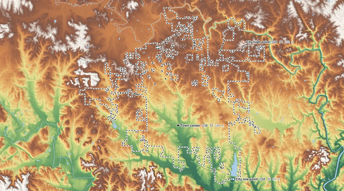 Topographic elevation map of Jasper, Alabama, shaded from 280 ft on the southeast side to 560 ft on the northeast side