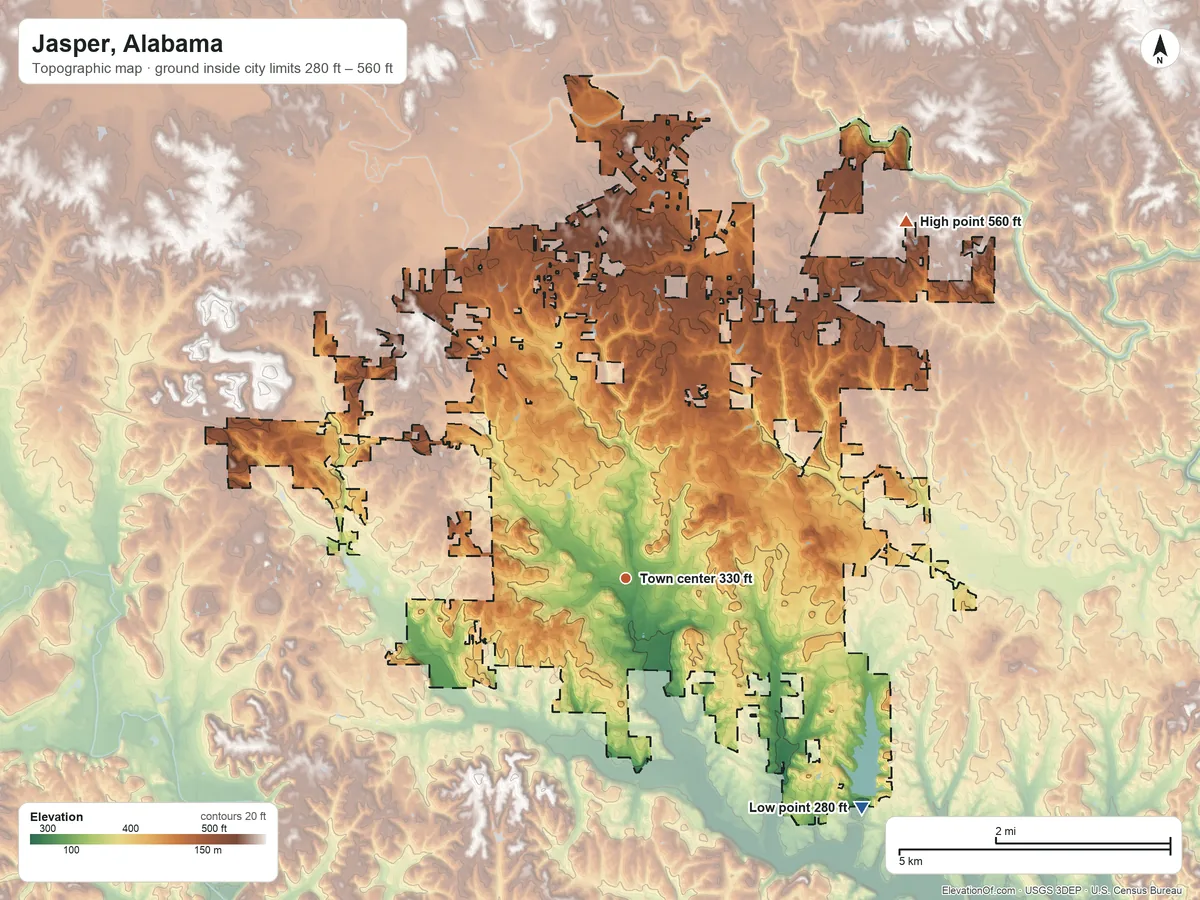 Topographic elevation map of Jasper, Alabama, shaded from 280 ft on the southeast side to 560 ft on the northeast side