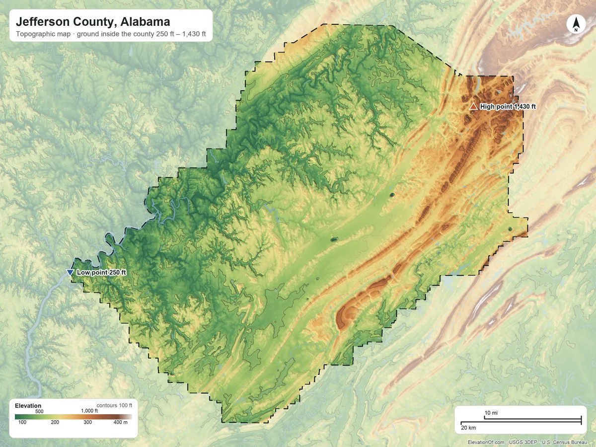 Topographic elevation map of Jefferson County, Alabama, shaded from 250 ft on the west side to 1,430 ft on Butler Mountain