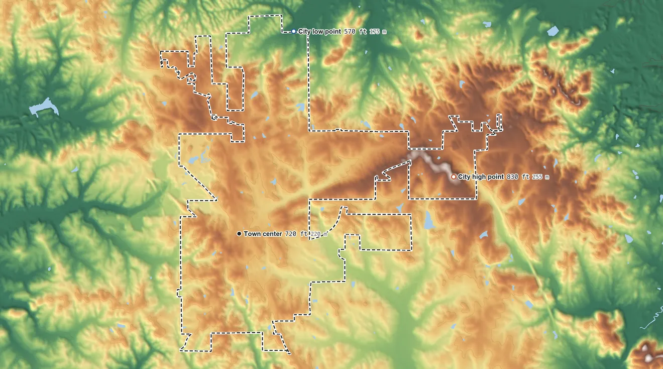 Topographic elevation map of Jemison, Alabama, shaded from 570 ft on the north side to 830 ft on the east side