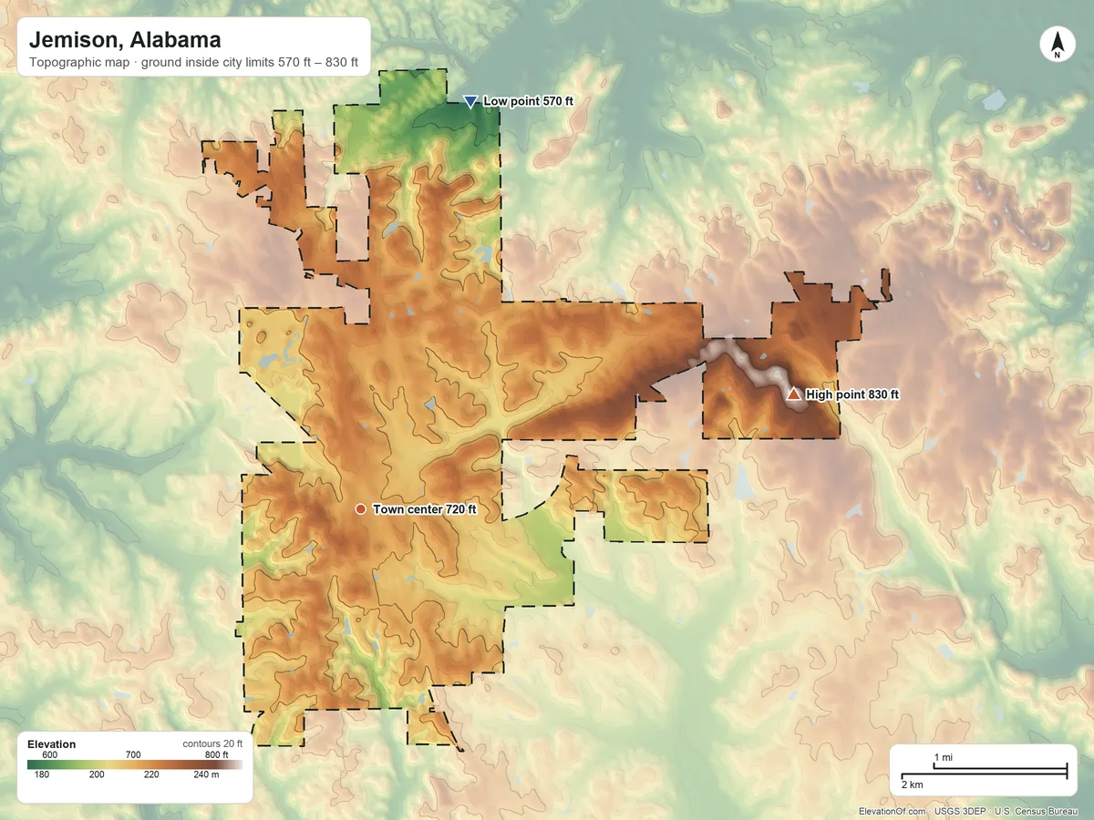 Topographic elevation map of Jemison, Alabama, shaded from 570 ft on the north side to 830 ft on the east side