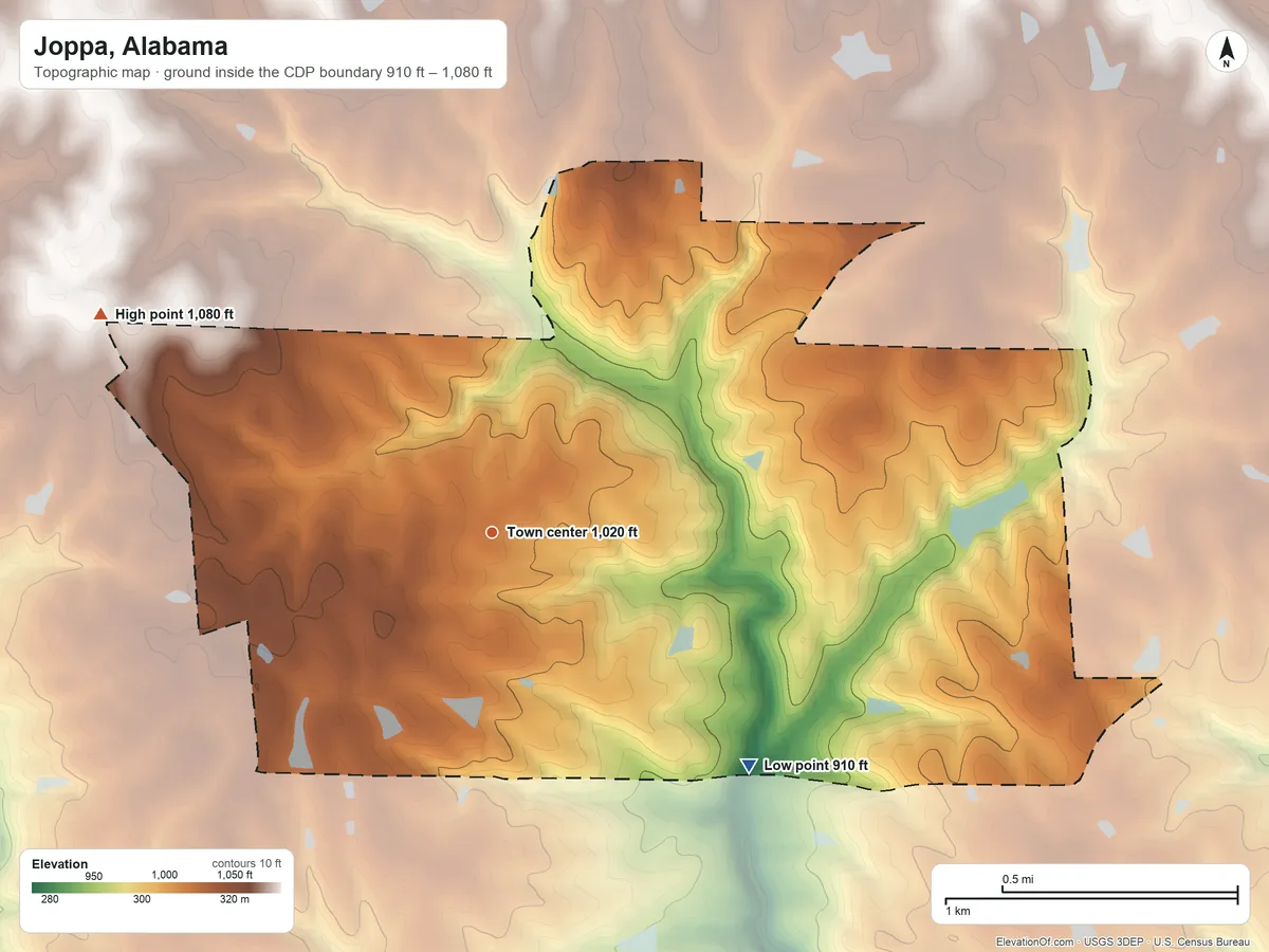Topographic elevation map of Joppa, Alabama, shaded from 910 ft on the southeast side to 1,080 ft on the northwest side
