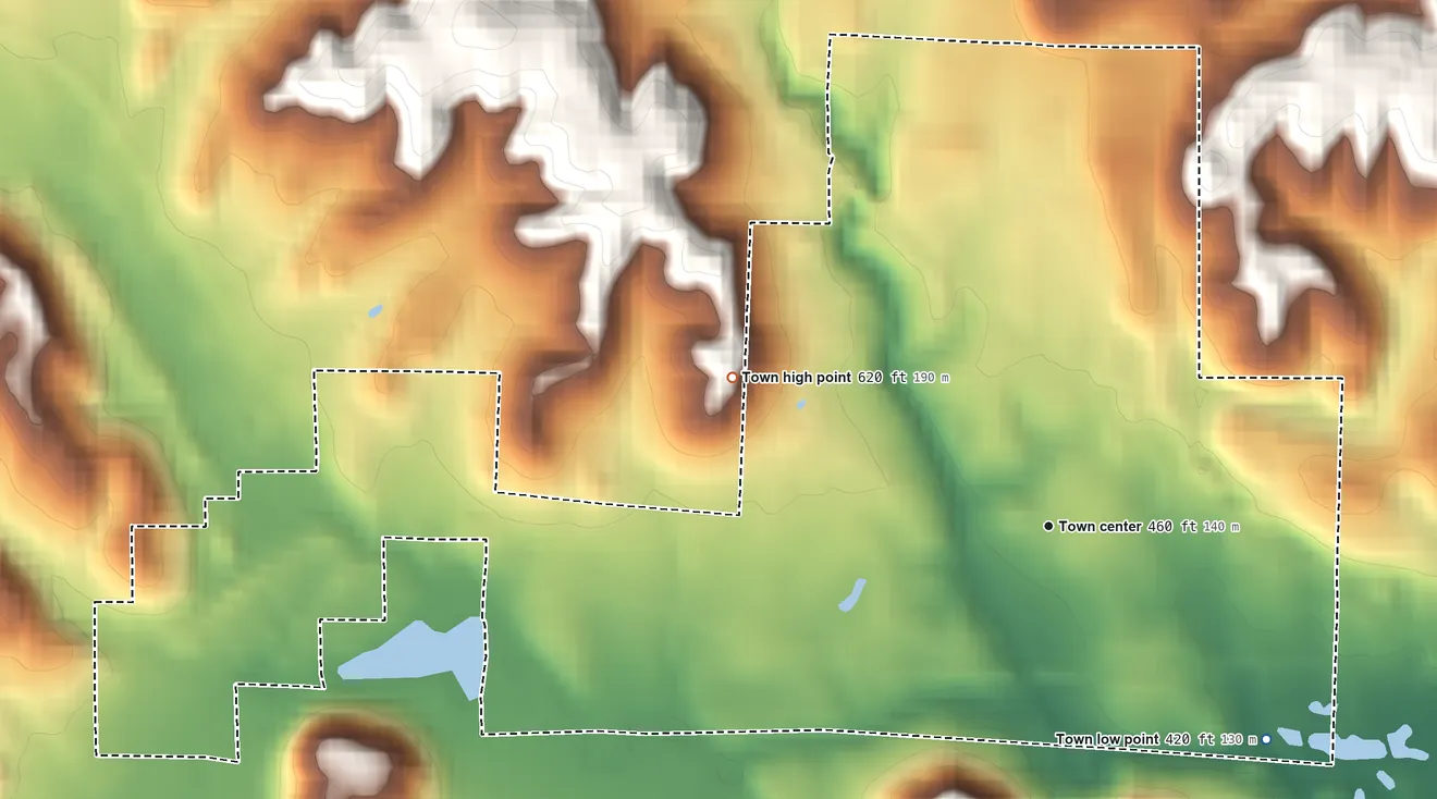 Topographic elevation map of Kansas, Alabama, shaded from 420 ft on the southeast side to 620 ft on the northwest side