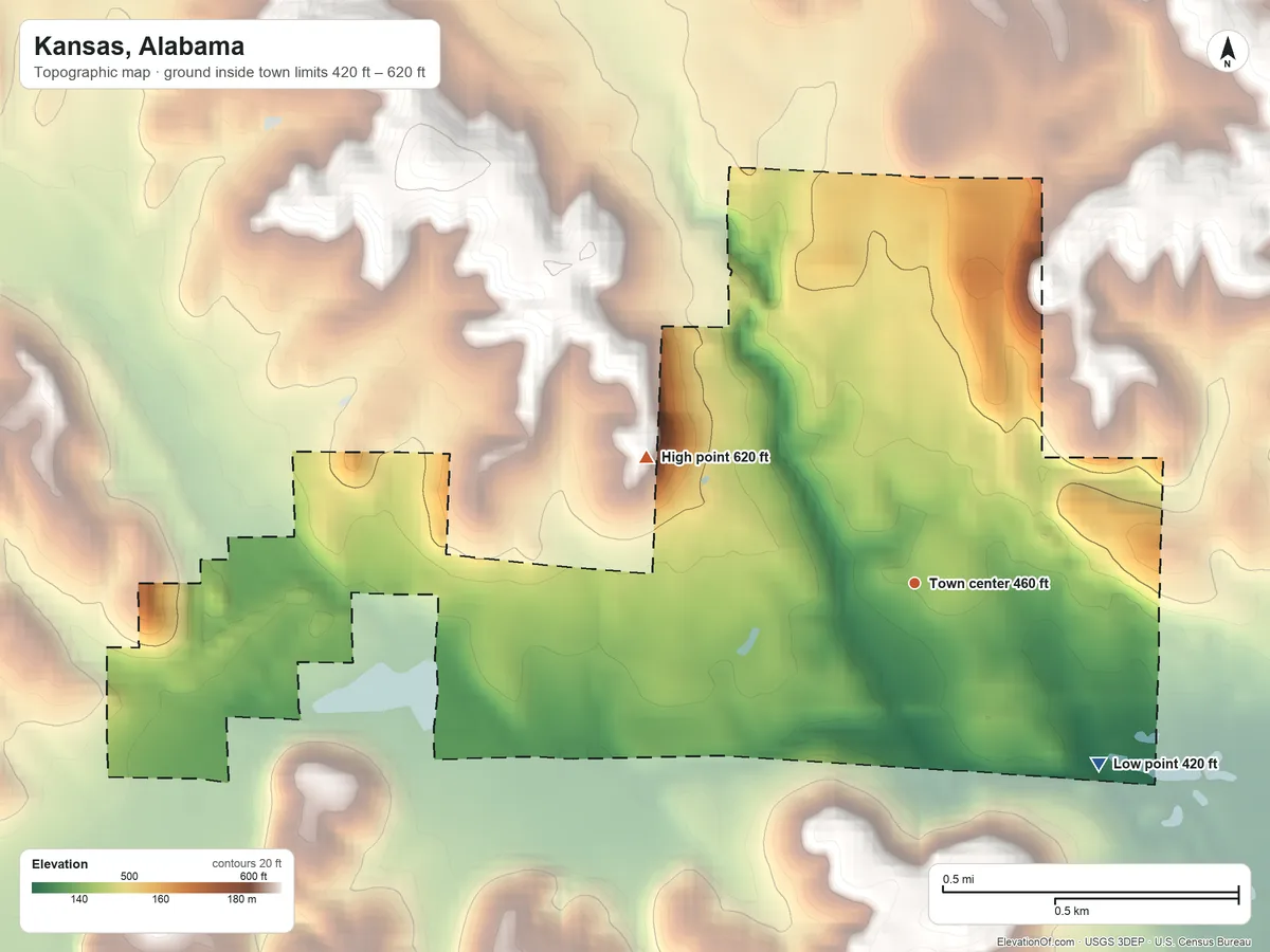 Topographic elevation map of Kansas, Alabama, shaded from 420 ft on the southeast side to 620 ft on the northwest side