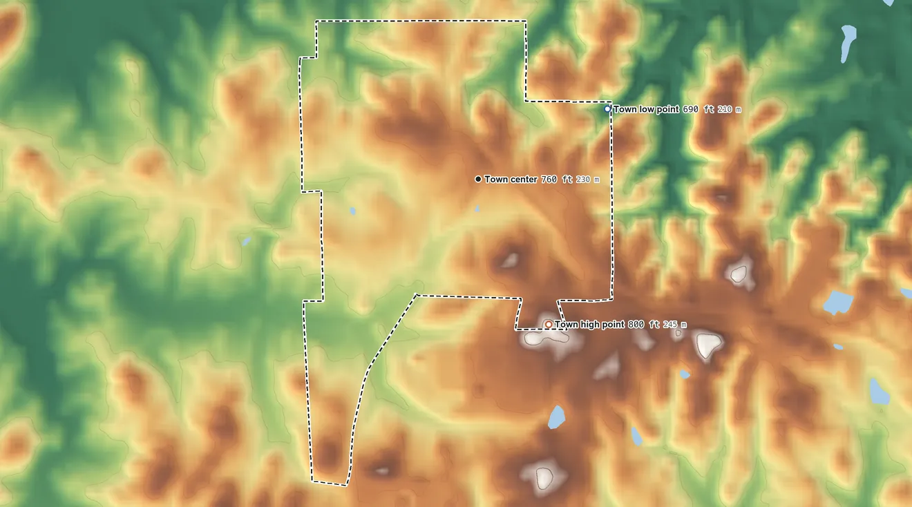 Topographic elevation map of Kellyton, Alabama, shaded from 690 ft on the northeast side to 800 ft on the southeast side
