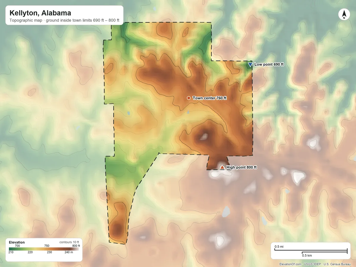 Topographic elevation map of Kellyton, Alabama, shaded from 690 ft on the northeast side to 800 ft on the southeast side