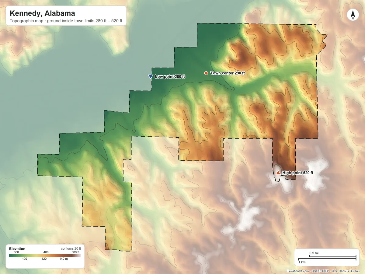 Topographic elevation map of Kennedy, Alabama, shaded from 280 ft on the west side to 520 ft on the southeast side