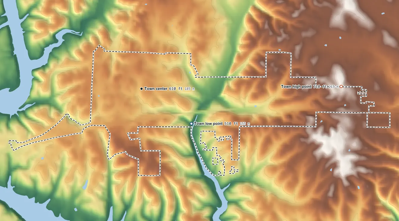 Topographic elevation map of Killen, Alabama, shaded from 510 ft on the southeast side to 710 ft on the east side