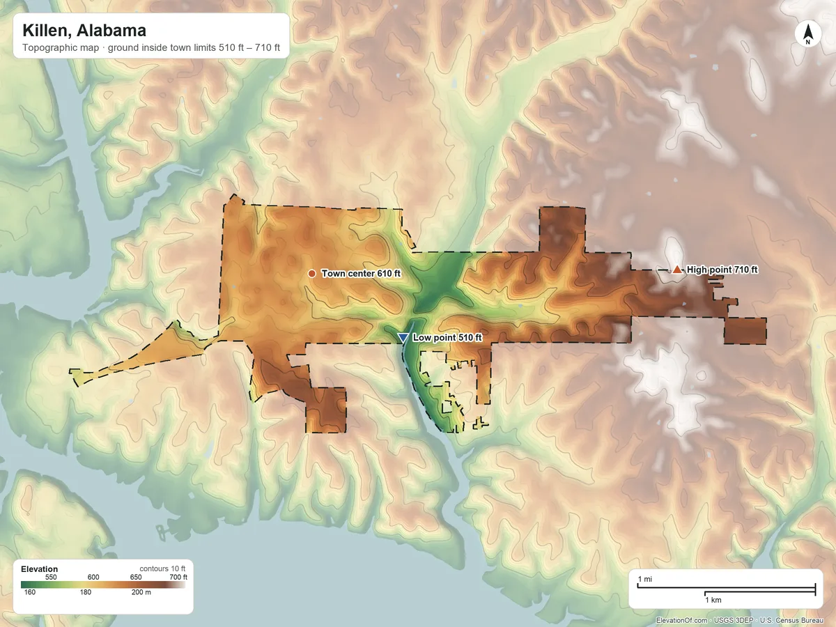 Topographic elevation map of Killen, Alabama, shaded from 510 ft on the southeast side to 710 ft on the east side