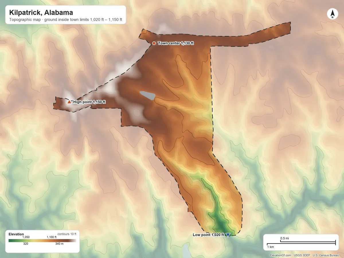 Topographic elevation map of Kilpatrick, Alabama, shaded from 1,020 ft on the south side to 1,150 ft on the southwest side