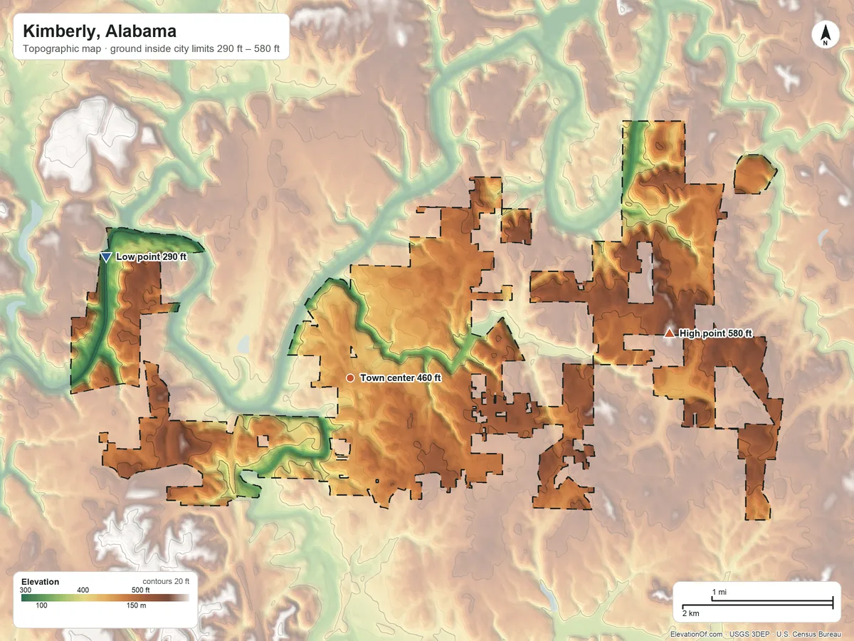Topographic elevation map of Kimberly, Alabama, shaded from 290 ft on the northwest side to 580 ft on the east side