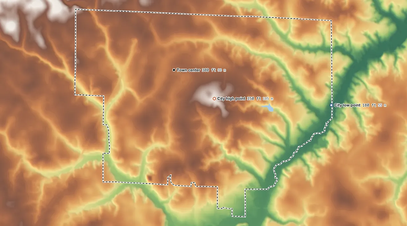 Topographic elevation map of Kinsey, Alabama, shaded from 180 ft on the east side to 350 ft on the southeast side