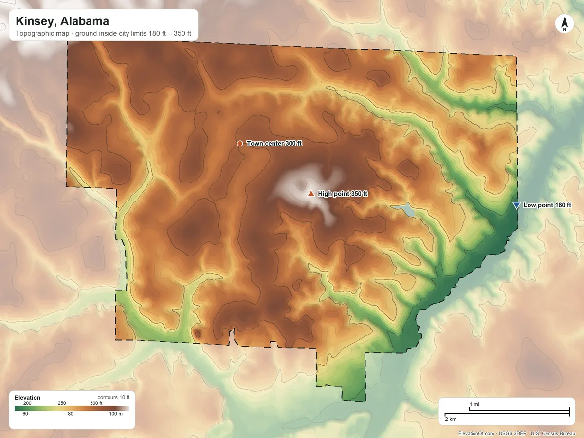 Topographic elevation map of Kinsey, Alabama, shaded from 180 ft on the east side to 350 ft on the southeast side