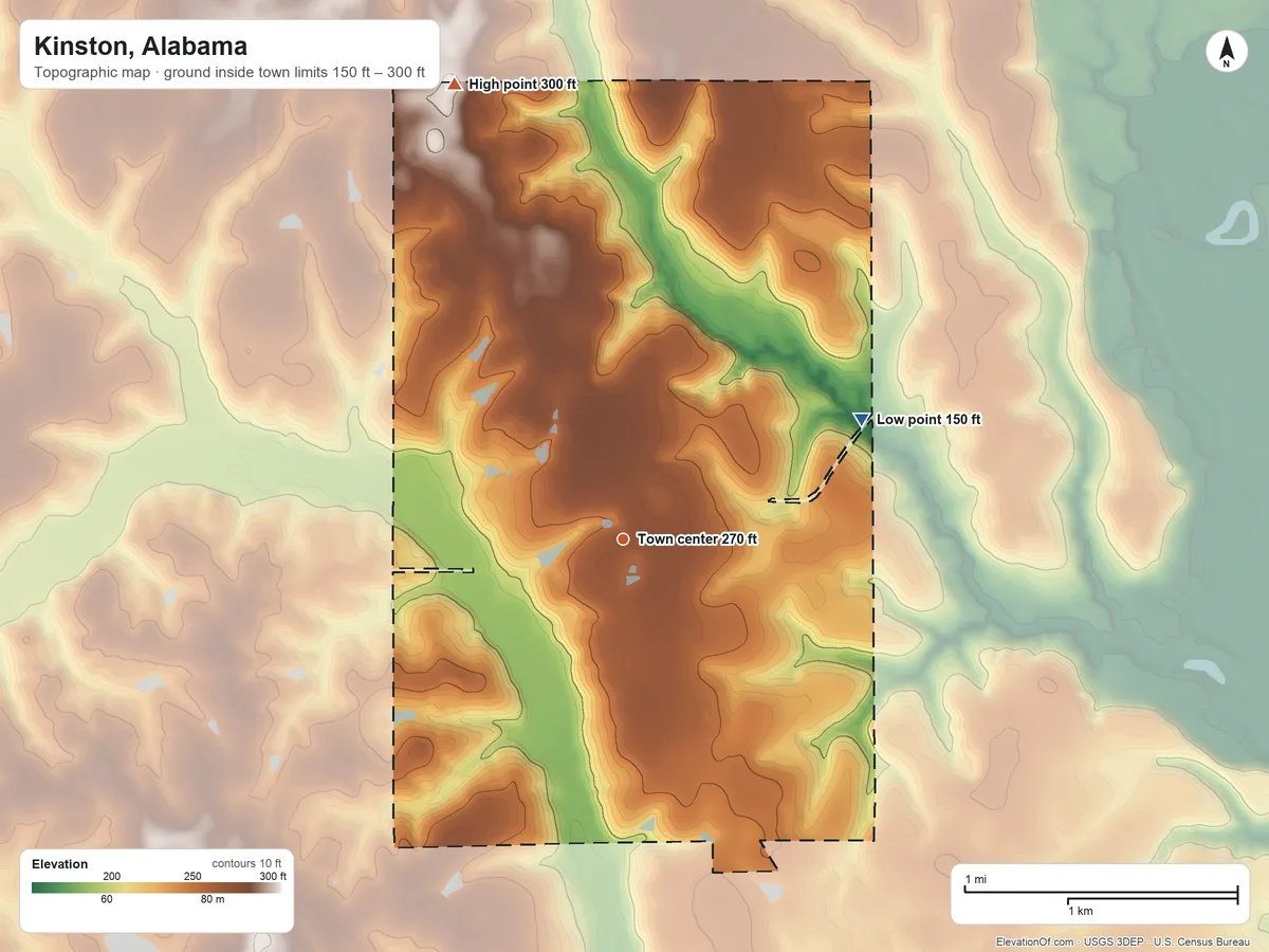 Topographic elevation map of Kinston, Alabama, shaded from 150 ft on the northeast side to 300 ft on the north side