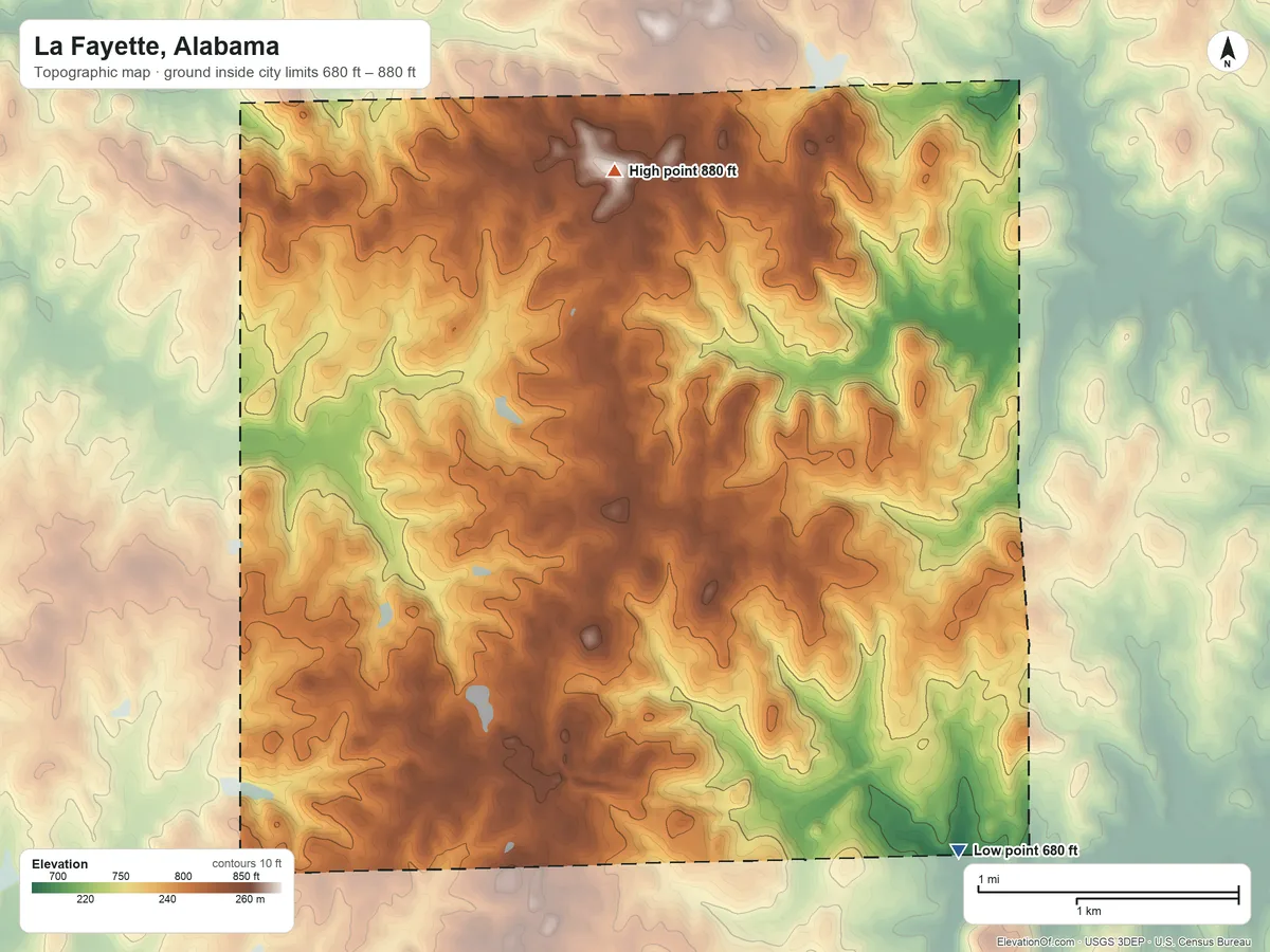Topographic elevation map of La Fayette, Alabama, shaded from 680 ft on the southeast side to 880 ft on the north side